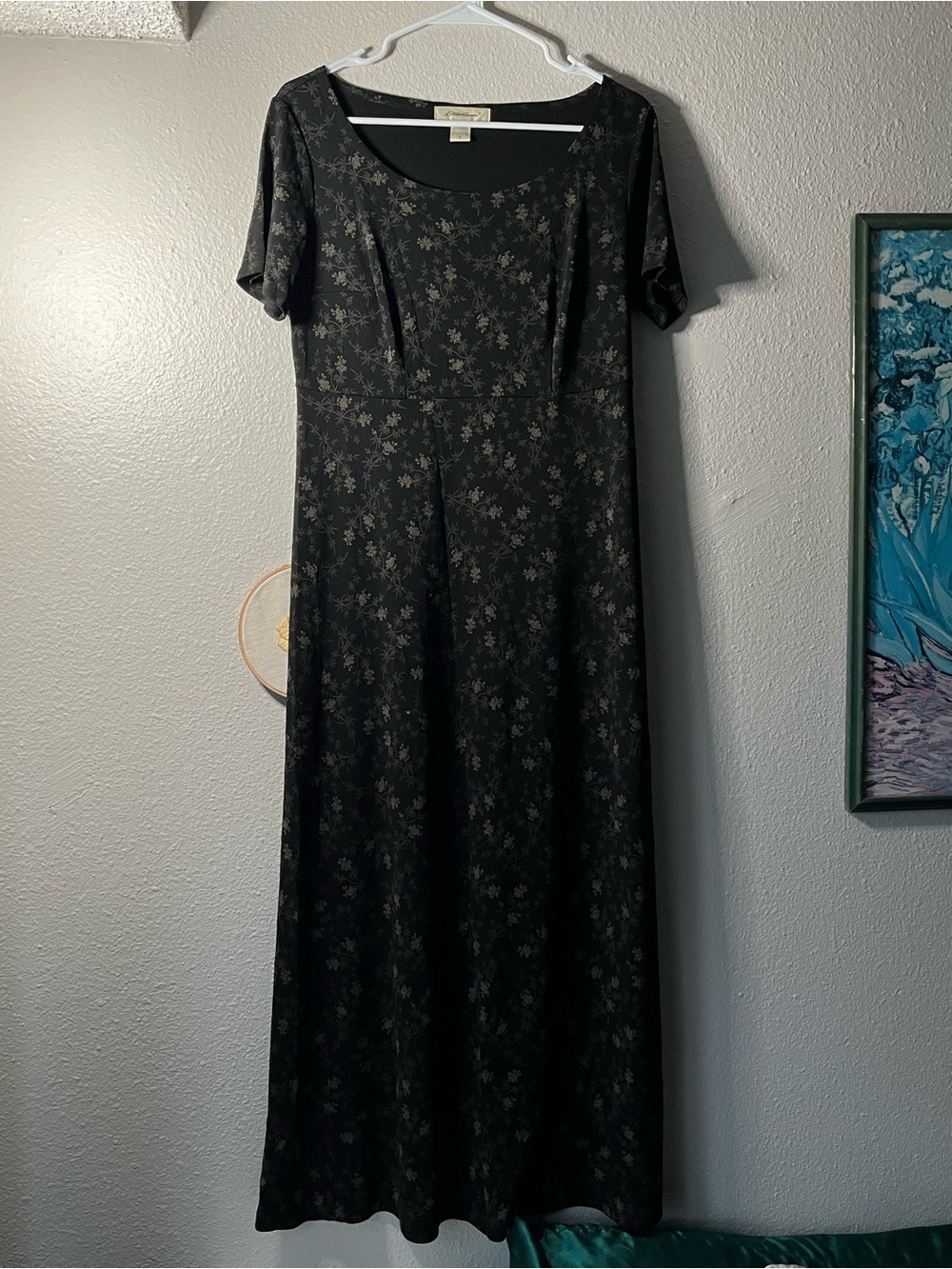 Eddie Bauer Black Maxi Dress with Subtle Gray Floral Print